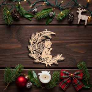 Angel on Moon Ornament, Christmas Laser File, Celestial