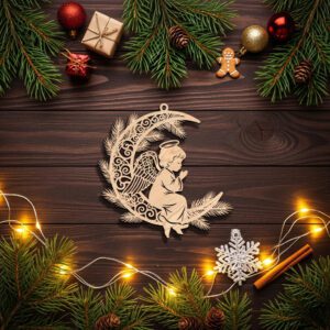 Angel on Moon Ornament, Christmas Laser File, Celestial