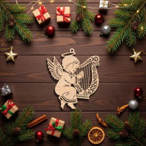 Angel Ornament Christmas Laser File, Harp Playing Angel
