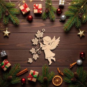 Angel Ornament Laser Design, Christmas Angel with Leafy