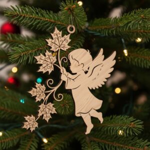 Angel Ornament Laser Design, Christmas Angel with Leafy
