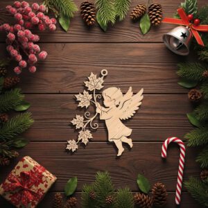 Angel Ornament Laser Design, Christmas Angel with Leafy
