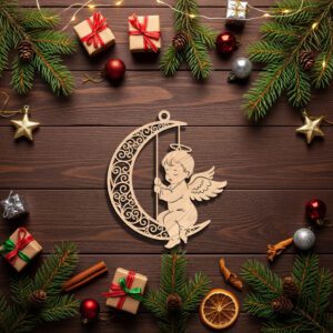 Angel Ornament Laser File, Christmas Angel Moon Design