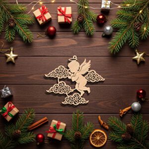 Angel Ornament Laser File, Christmas Silhouette with Clouds,