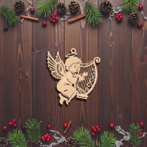 Angel Ornament Laser File, Harp Christmas Decor, CNC