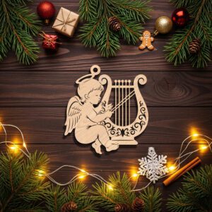 Angel Ornament Laser File, Harp Christmas Wood Design,