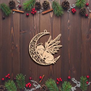 Angel Ornament Laser File, Sleeping Angel on Moon,