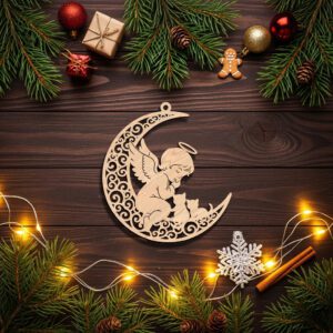 Cat Ornament Laser Design, Angel on Moon with