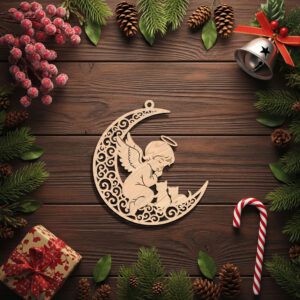 Cat Ornament Laser Design, Angel on Moon with