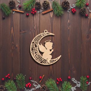 Christmas Angel Moon Ornament Silhouette, Laser File for