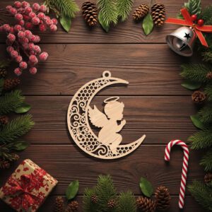 Christmas Angel Moon Ornament Silhouette, Laser File for