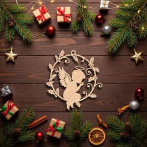 Christmas Angel Ornament Digital File, Holiday Holly Wreath