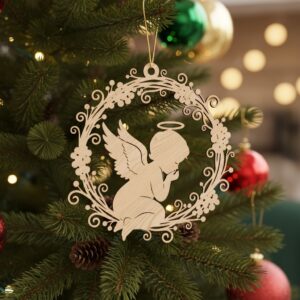 Christmas Angel Ornament Digital File, Wreath Silhouette for