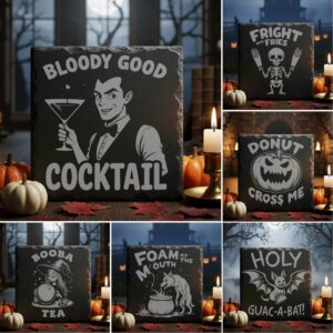 Halloween Slate Coaster Design Bundle, 9 Funny Engraving