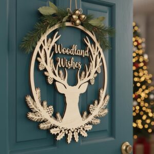 Christmas Deer Door Hanger, Woodland Wishes Round Holiday Sign Digital Download