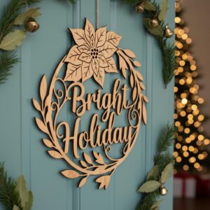 Christmas Door Hanger Bright Floral Wreath, Holiday Laser File, Round Sign Decor