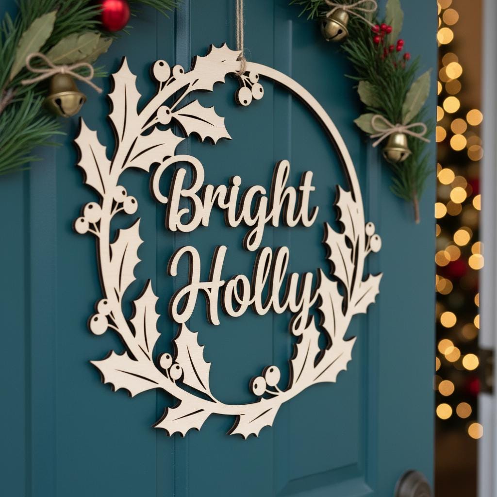 Christmas Door Hanger, Bright Holly Wreath Welcome Sign, Laser File for ...