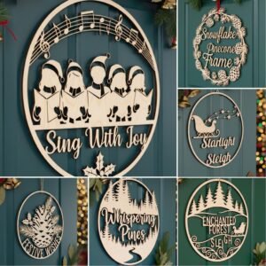 Christmas Door Hanger Bundle, 6 Laser Design Wooden Holiday Welcome Round Signs