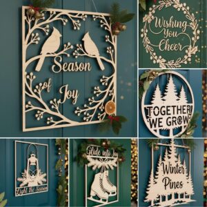 Christmas Door Hanger Bundle, 6 Wooden Sign Files, Festive Round Designs