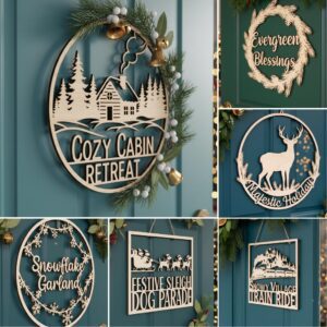 Christmas Door Hanger Bundle, Round Wooden Sign, 6 Festive Designs for Cricut