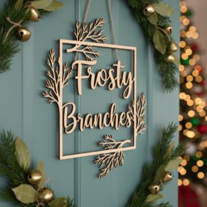 Christmas Door Hanger, Frosty Branches Round Sign, Holiday Laser File Decor