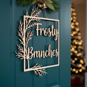 Christmas Door Hanger Frosty Branches Square Frame, Winter Door Sign Download
