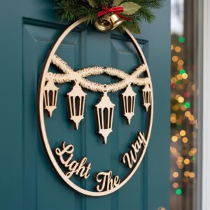 Christmas Door Hanger Lanterns, Winter Holiday Round Door Sign, Light the Way Decor