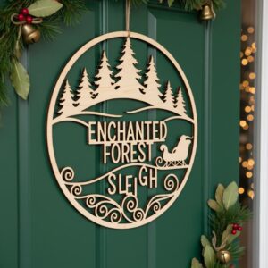 Christmas Door Hanger, Round Enchanted Forest Sleigh, Holiday Home Decor