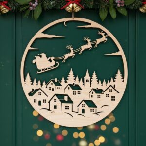 Christmas Door Hanger Santa Sleigh Snowy Village Round Holiday Sign Decor