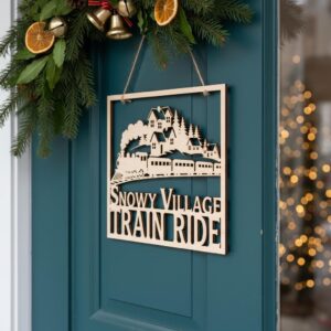 Christmas Door Hanger Snowy Village Train Laser File for Round Sign Decor