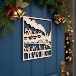 Christmas Door Hanger, Snowy Village Train Sign, Winter Round Holiday Decor
