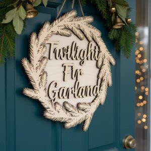 Christmas Door Hanger, Twilight Fir Garland Wreath, Holiday Laser Decor Sign