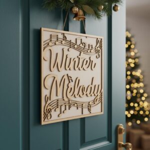 Christmas Door Hanger, Winter Melody Round Sign with Music Notes, Holiday Decor