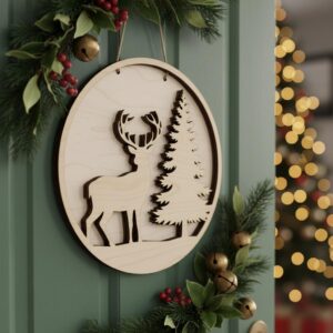 Christmas Reindeer Door Hanger, Round Deer and Tree Wood Sign, Holiday Decor