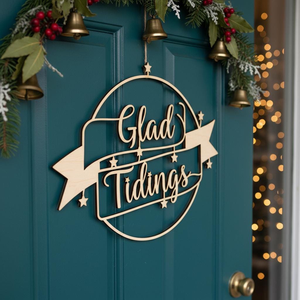 Festive Christmas Door Hanger, Glad Tidings Round Holiday Sign for ...