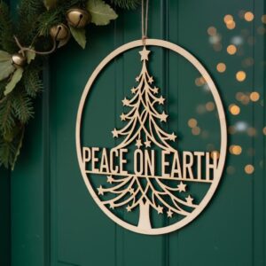 Peace On Earth Christmas Door Hanger, Tree Design, Holiday Decoration Laser File