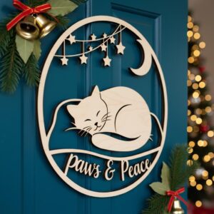 Sleeping Cat Christmas Door Hanger Sign, Paws and Peace Holiday Home Decor File