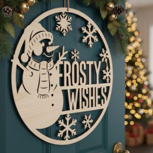 Snowman Door Hanger, Christmas Round Sign, Frosty Wishes Winter Decor, Laser File