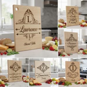 Charcuterie Board Engraving File Bundle with Vintage Monogram and Family Name Designs for Glowforge