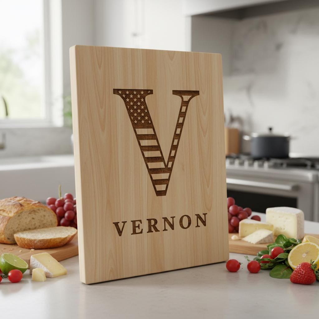 Personalized Monogram Alphabet Engraving for Charcuterie Board with Patriotic Flag Emblem