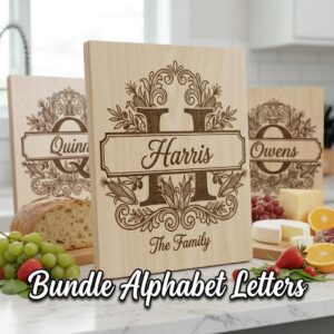 Personalized Monogram, Family Name Alphabet Engraving Design for Boards