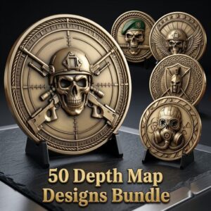 Skull Challenge Coin Laser Depth Map Bundle, Tactical Military Engraving File
