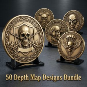 Tactical Skull Coin Laser Engraving File, Military Warrior Relief Depth Map