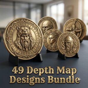Viking Norse Warrior Depth Map PNG, High Detail Medallion Coin Engraving File